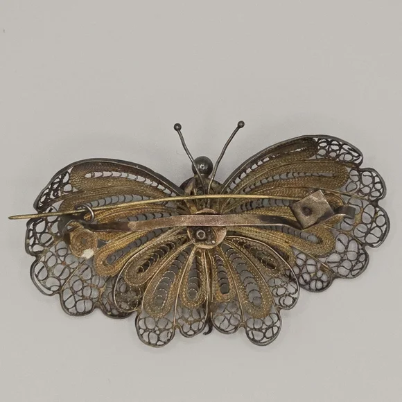 VTG Silver Filigree Butterfly Brooch Pin Pendant 1950s-60s Mid Century Jewelry - Picture 3 of 11